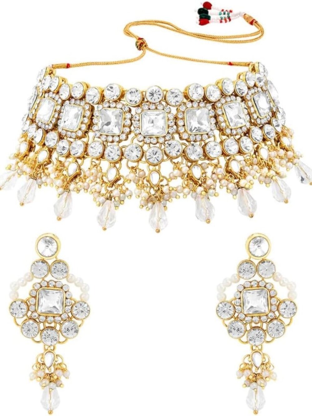 Traditional Gold Plated Kundan Choker Necklace & Dangle Earrings Set - Ethnic
